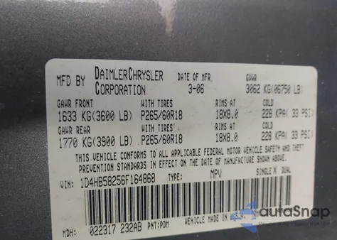 2006 Dodge Durango Limited from USA, damaged, VIN 1D4HB58256F164868